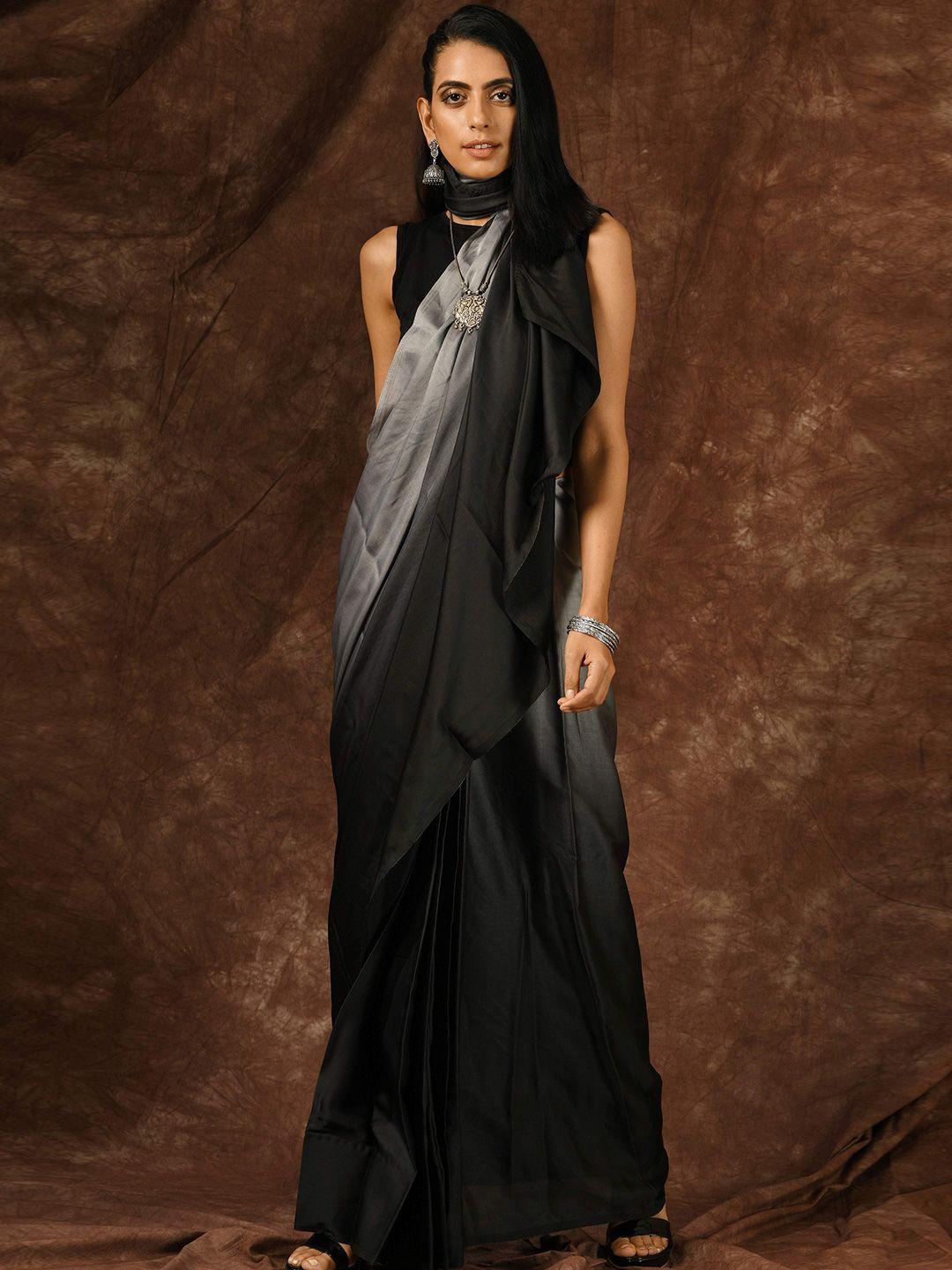 swtantra black & grey colourblocked zari satin saree