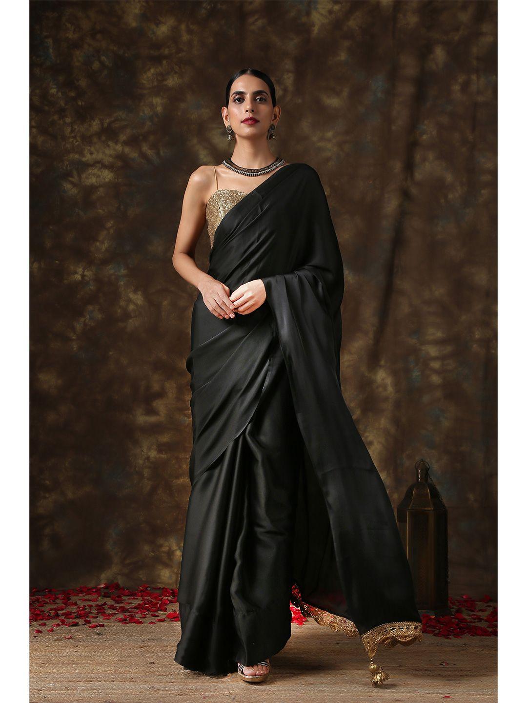 swtantra black solid satin saree