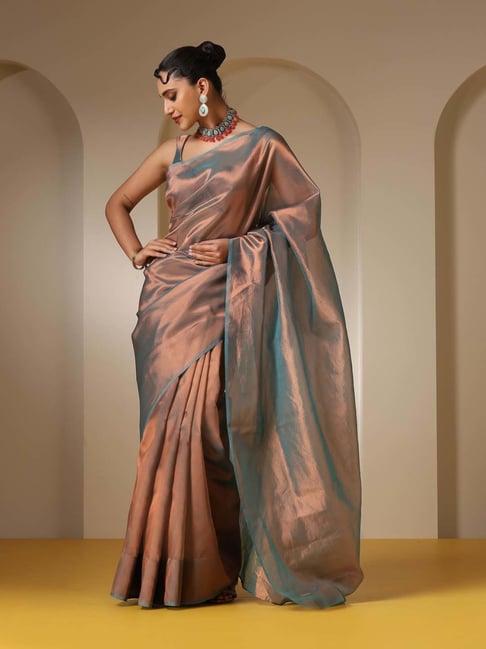 swtantra blue & bronze plain saree with unstitched blouse