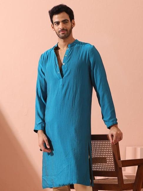 swtantra blue & olive satin regular fit reversable kurta