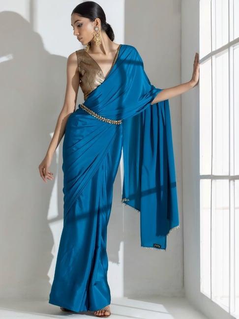 swtantra blue plain saree with unstitched blouse