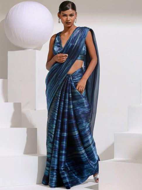 swtantra blue printed saree with unstitched blouse