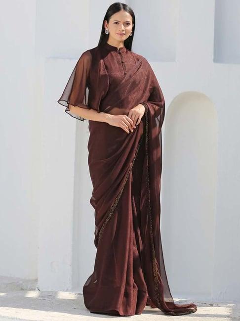 swtantra chocolate brown chiffon textured pattern saree