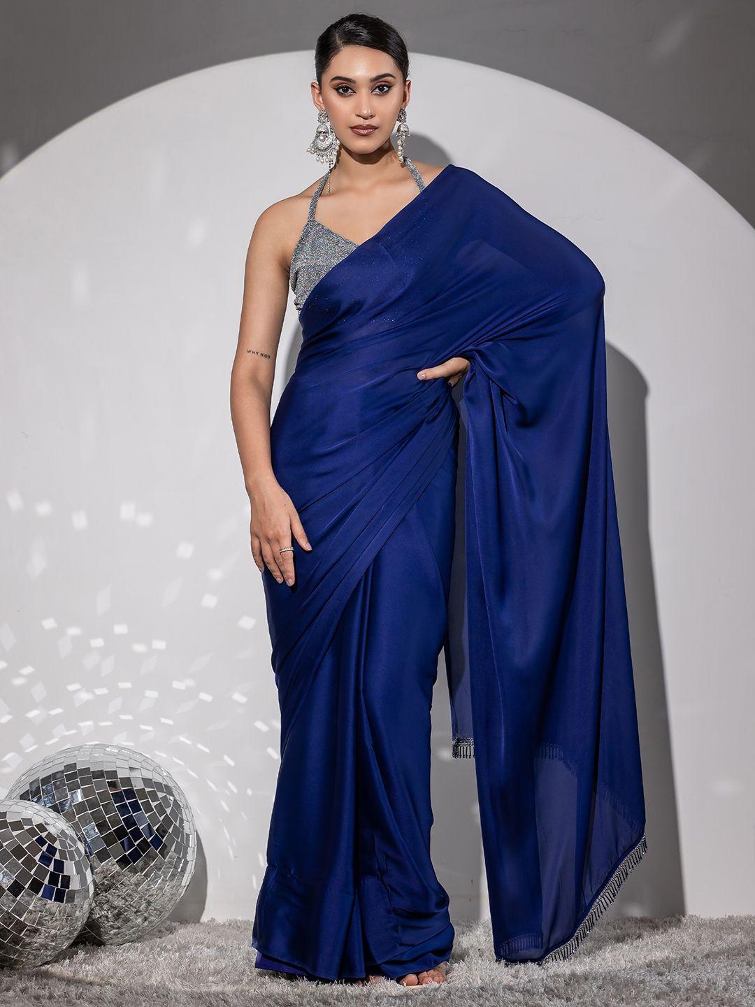 swtantra embellished beads work satin saree with blouse piece