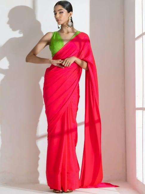 swtantra hot pink plain saree with unstitched blouse