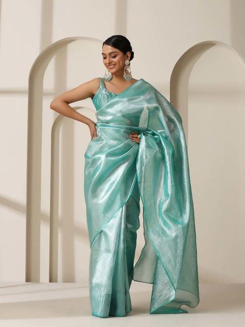 swtantra maldives blue plain saree with unstitched blouse