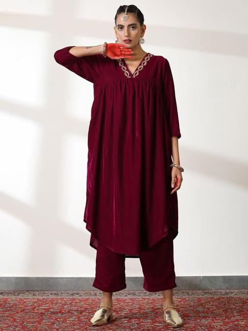 swtantra maroon embellished kurta palazzo set