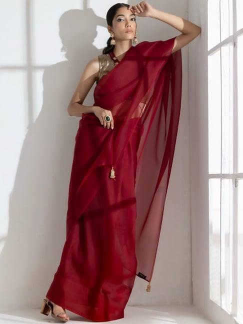 swtantra maroon plain saree with unstitched blouse