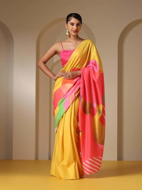 swtantra multicolor printed saree with unstitched blouse