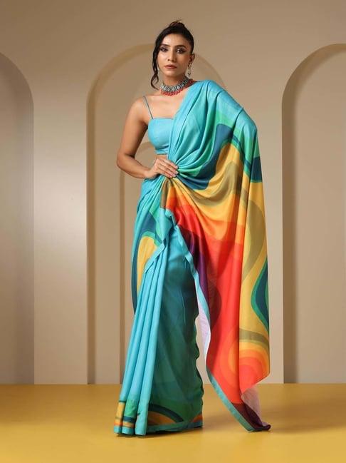 swtantra multicolor printed saree with unstitched blouse