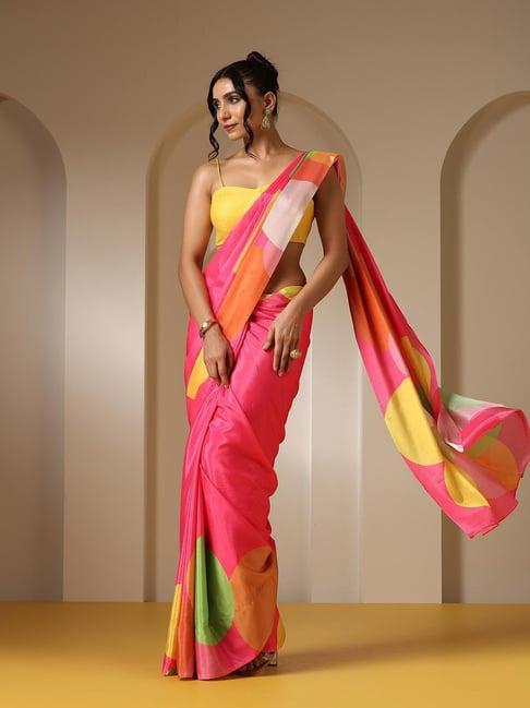 swtantra multicolor printed viscose chinon saree with unstitched self blouse