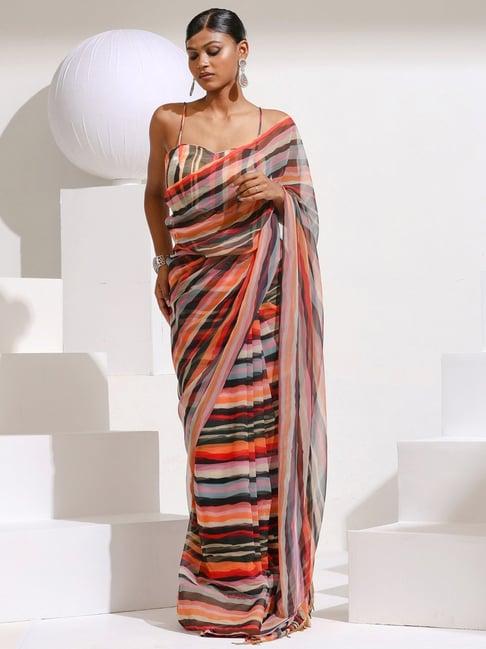 swtantra multicolored striped saree with unstitched blouse