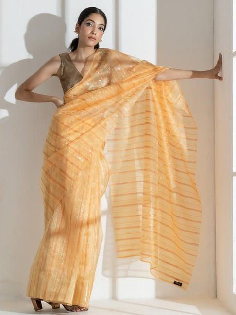 swtantra mustard striped saree without blouse