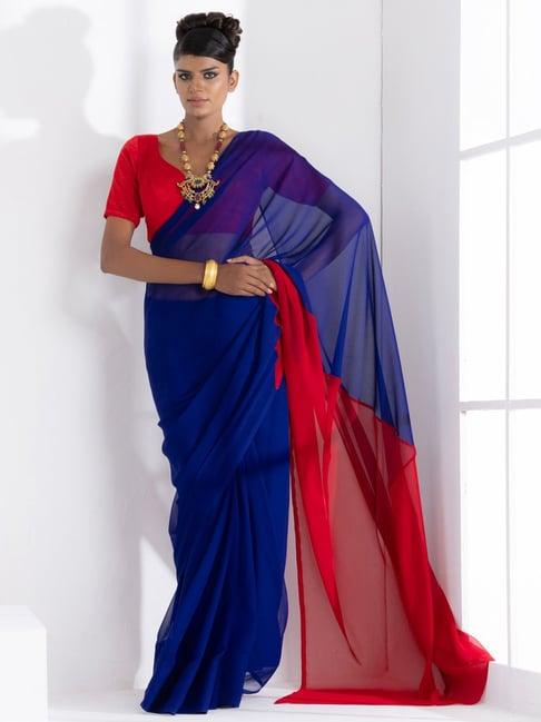 swtantra navy & red plain saree with unstitched blouse