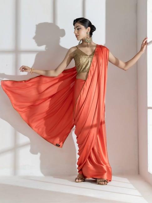 swtantra orange plain saree with unstitched blouse