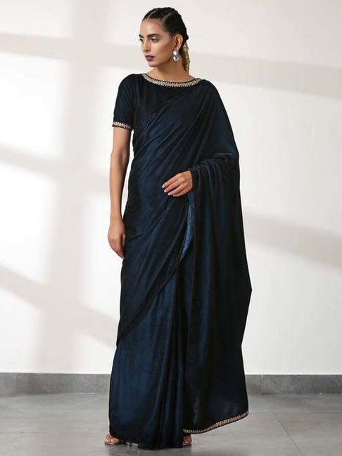 swtantra peacock blue velvet saree