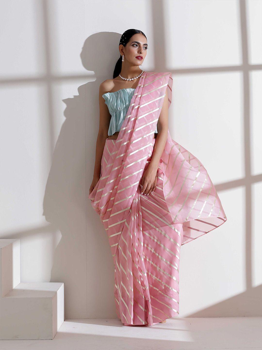 swtantra pink & silver-toned striped pure chiffon saree