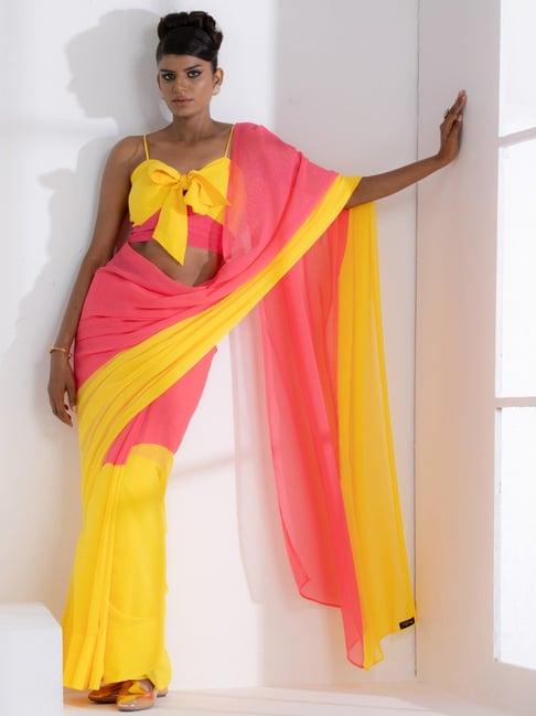 swtantra pink & yellow plain saree with unstitched blouse