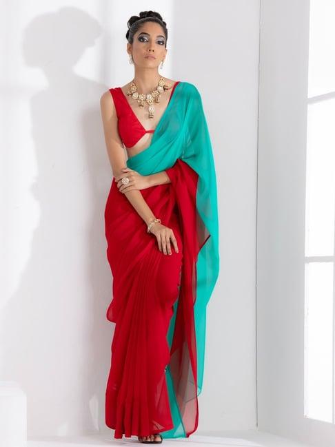 swtantra red & ocean blue plain saree with unstitched blouse