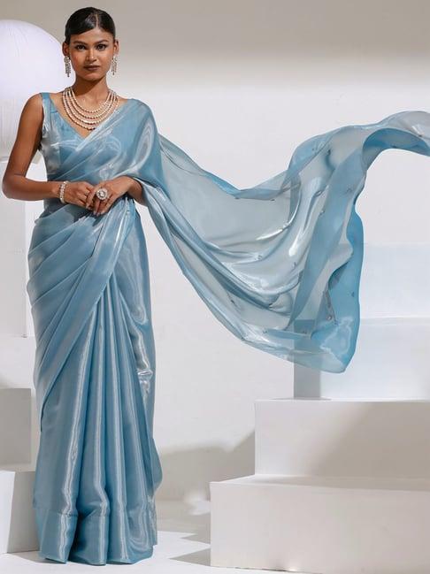 swtantra sky blue embellished saree with unstitched blouse