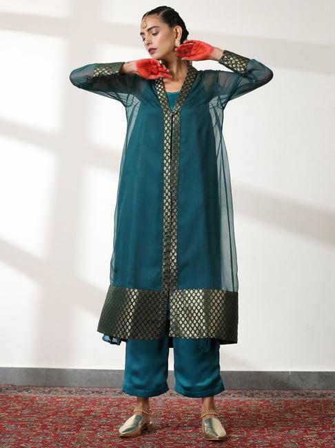 swtantra teal blue woven pattern kurta palazzo set with cape