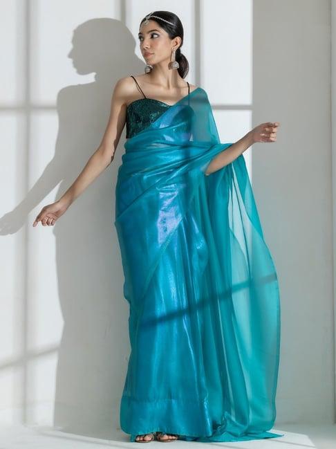swtantra turquoise plain saree with unstitched blouse