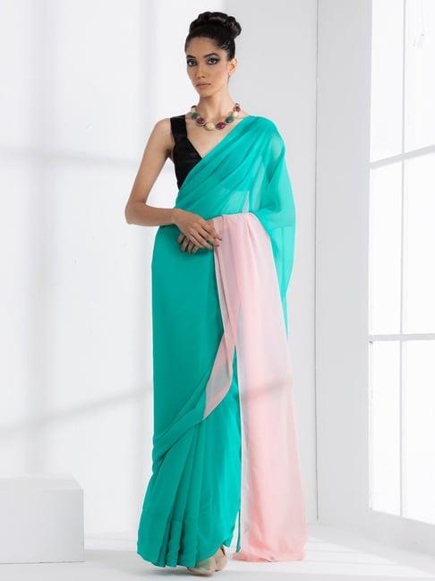 swtantra turquoise plain saree with unstitched blouse