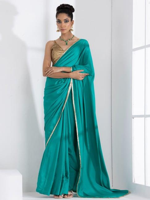 swtantra turquoise plain saree with unstitched blouse