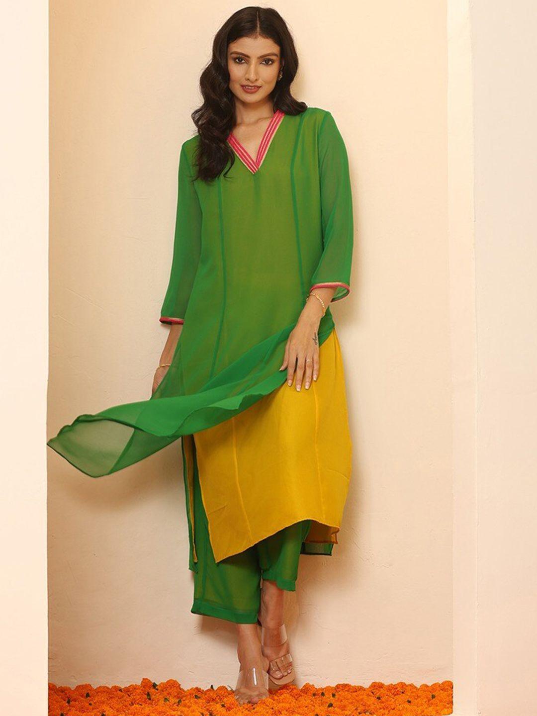 swtantra v-neck georgette kurta with trousers