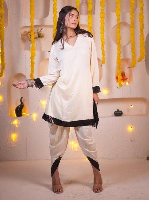 swtantra white & black velvet embellished kurta pant set
