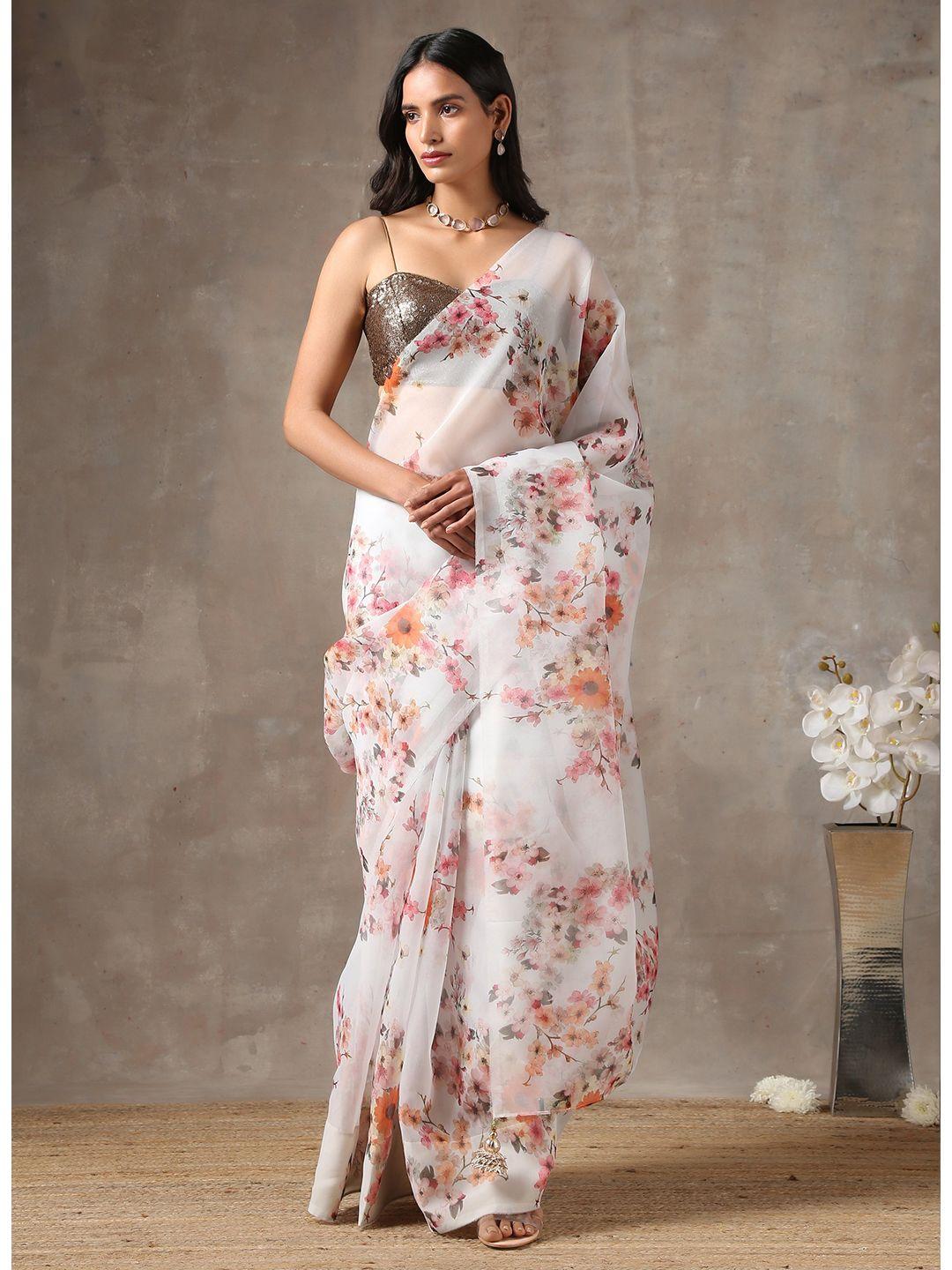 swtantra white & pink floral printed organza saree