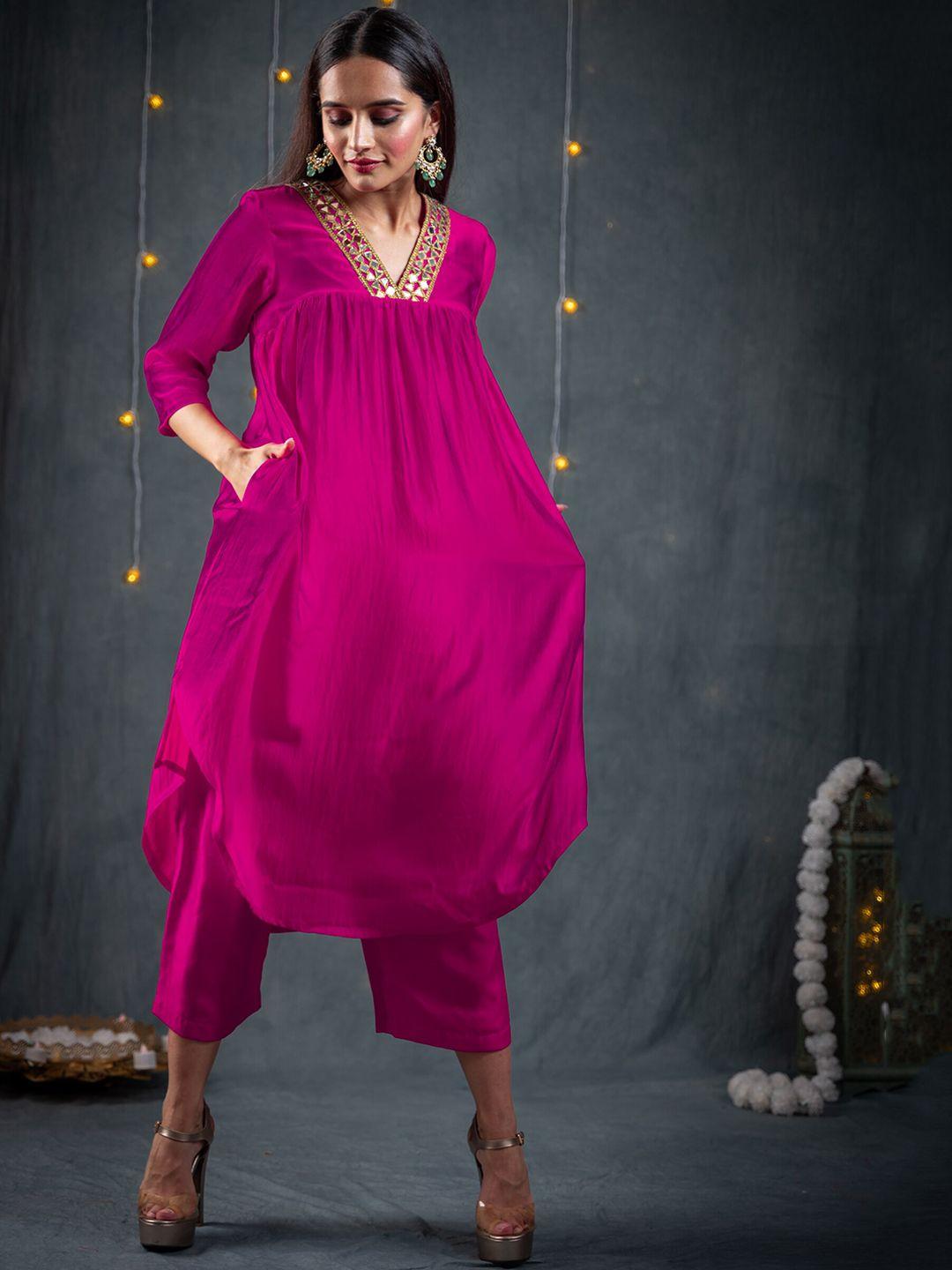 swtantra women fuchsia yoke design pleated mirror work kurta with trousers