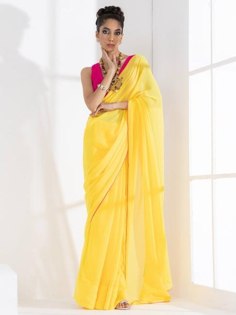 swtantra yellow plain saree with unstitched blouse