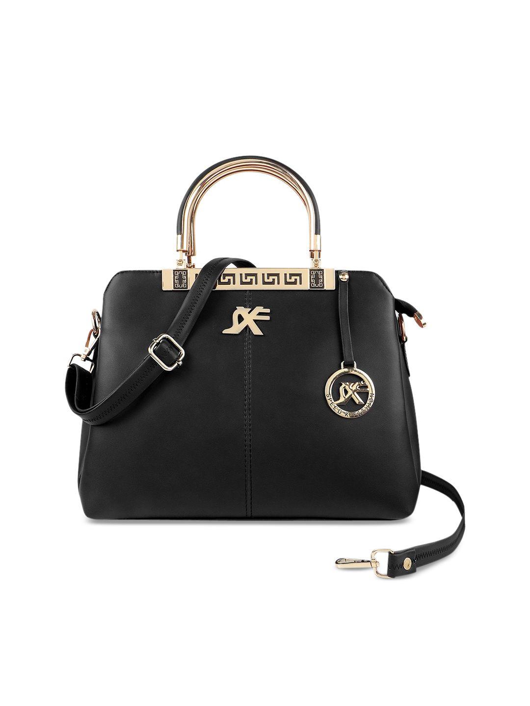 sxf speed x fashion black pu structured handheld bag with tasselled