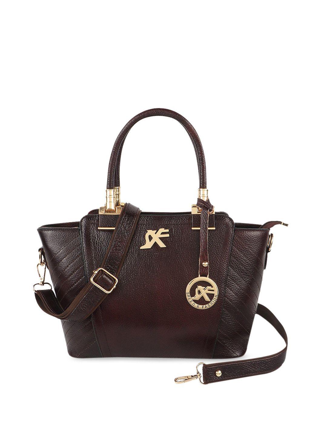 sxf speed x fashion brown leather structured handheld bag with tasselled