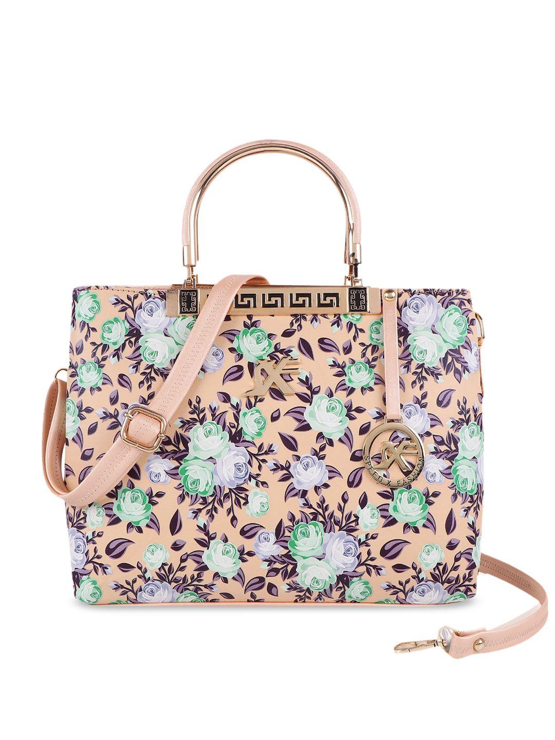 sxf speed x fashion cream-coloured floral printed pu oversized structured handheld bag