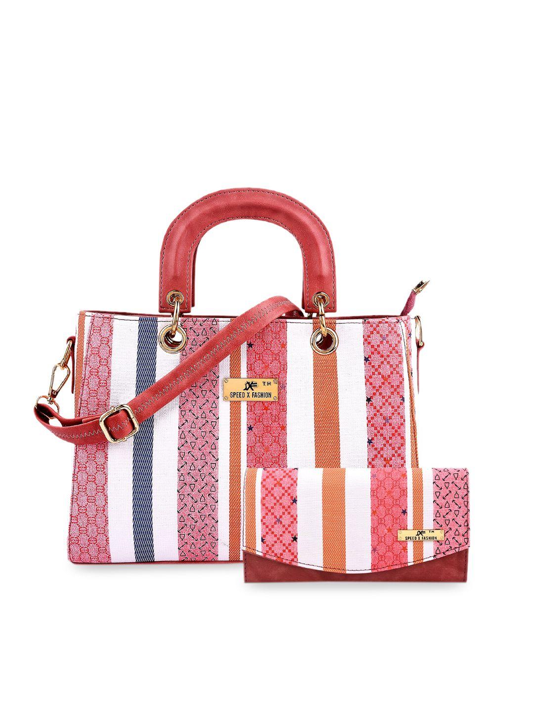 sxf speed x fashion peach-coloured printed pu structured handheld bag with applique