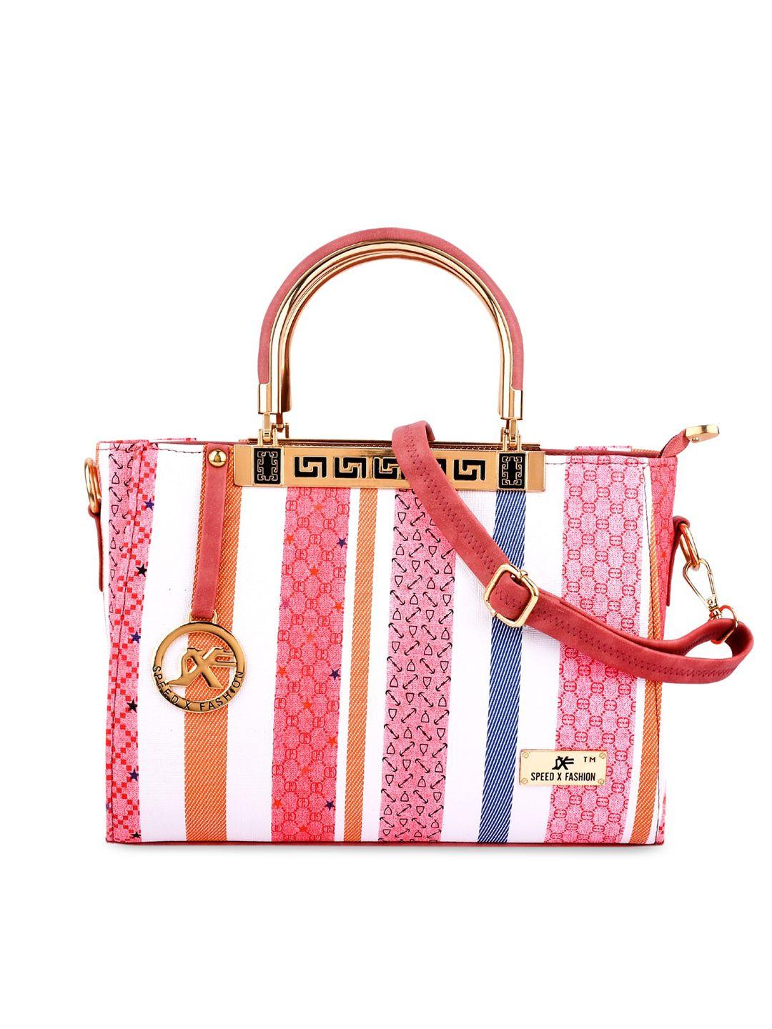 sxf speed x fashion peach-coloured striped pu structured handheld bag