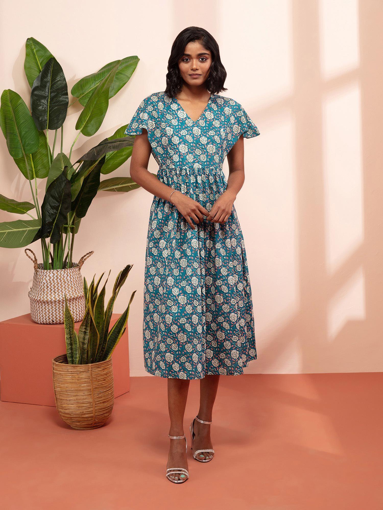 syaahi indigo jaipuri printed midi dress likdrs28