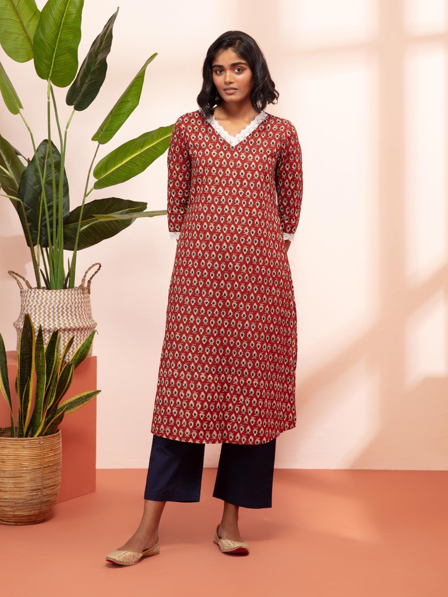 syaahi maroon scalloped neckline straight kurta likkur123