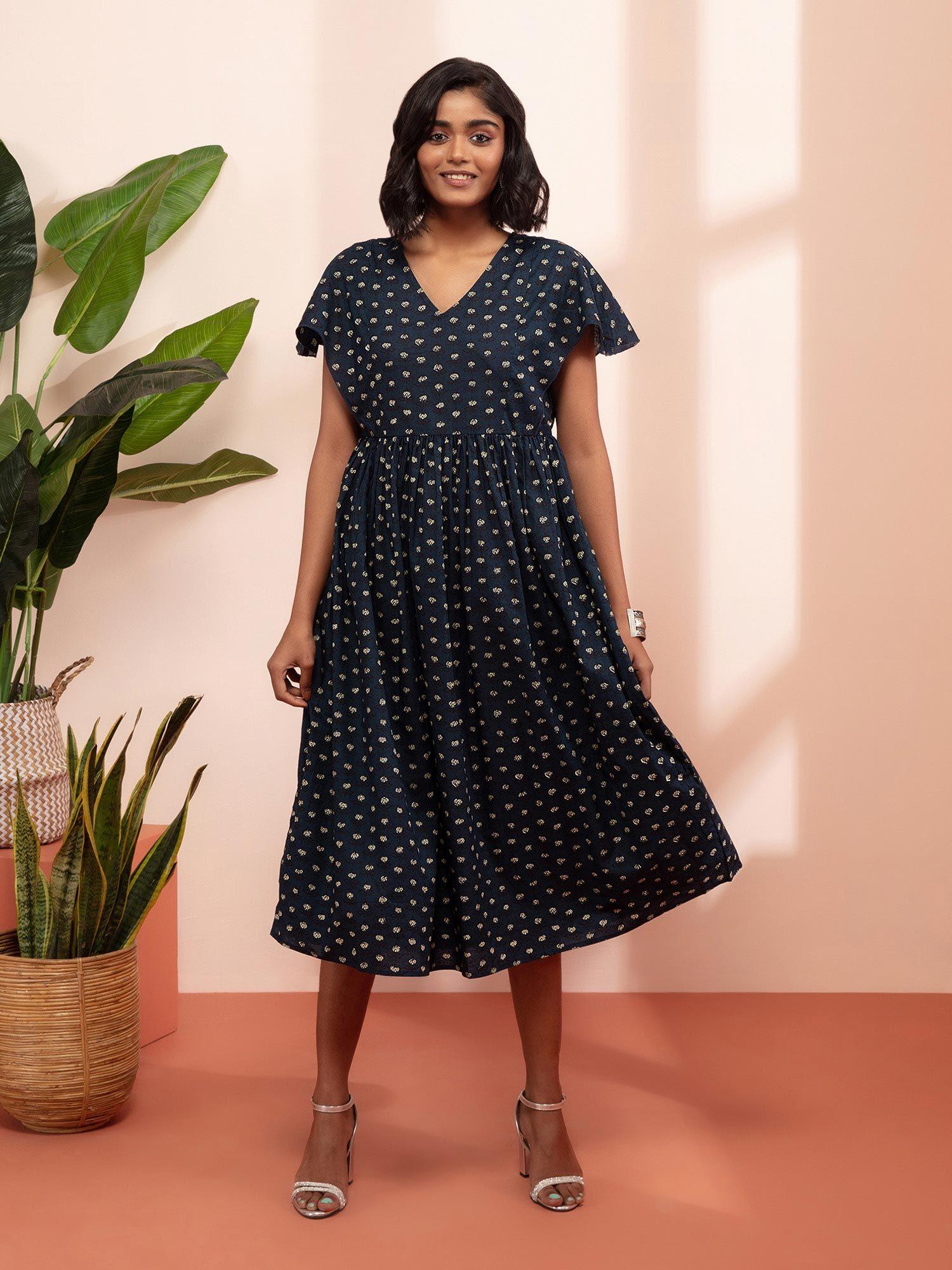 syaahi navy jaipuri printed midi dress likdrs29