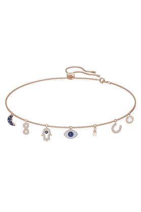 symbolic necklace moon infinity hand evil eye and horseshoe blue rose gold-tone plated