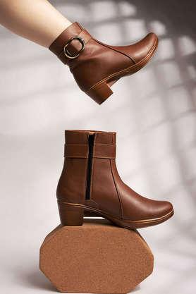 synthetic buckle girls casual boots - tan