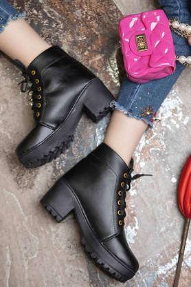 synthetic lace up girls casual boots - black