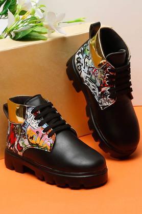 synthetic lace up girls party wear boots - black