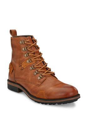 synthetic lace up men's mid tops boots - tan