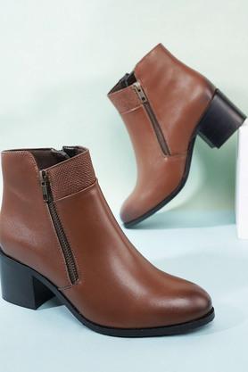 synthetic leather zipper women's party wear boots - tan