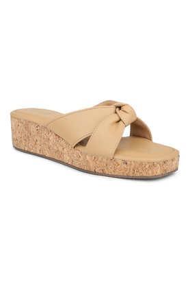 synthetic slip-on women's party wear sandals - natural