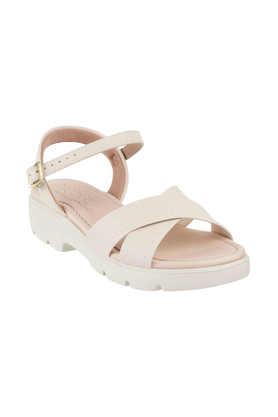 synthetic buckle women's casual sandals - cream