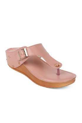 synthetic buckle women's casual sandals - peach